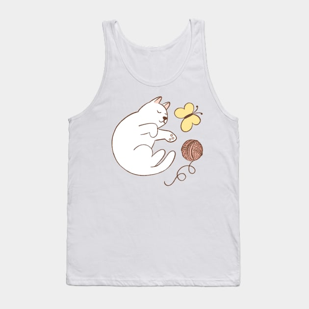 Cute white cat with ball of thread and butterfly Tank Top by Viaire